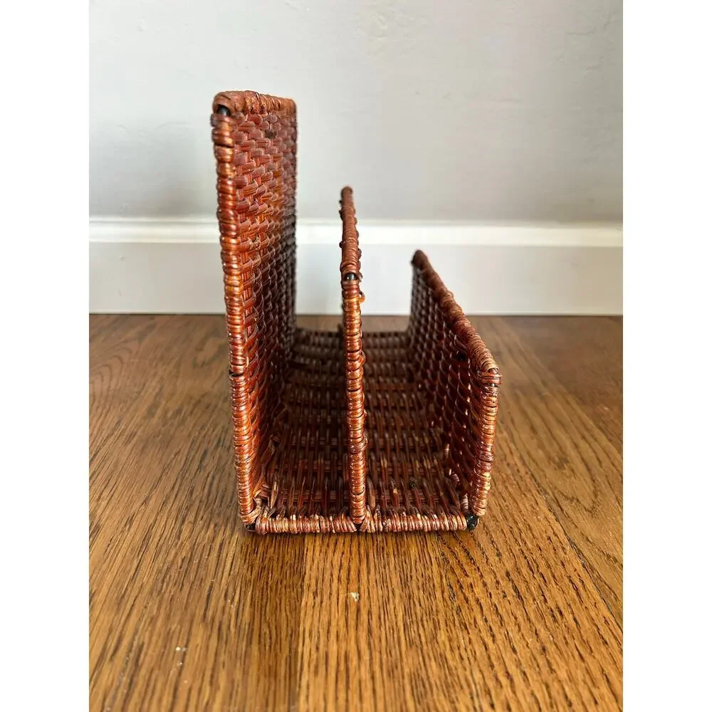 Vintage Woven Wicker Letter Rack | 3-Slot Rattan Mail & Magazine Organizer